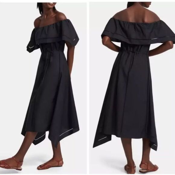 Theory Womens Off Shoulder Asymmetric Hem Midi Fit & Flare Dress Black Medium - Picture 1 of 8